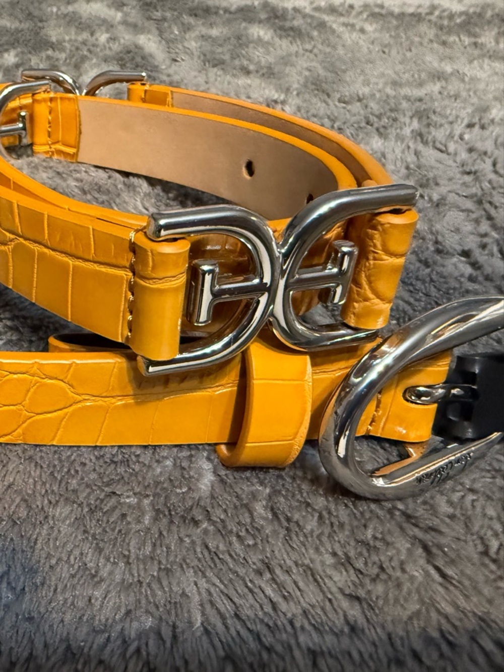Sam Edelman Yellow Croc-Embossed Belt with Silver Interlocking Buckle